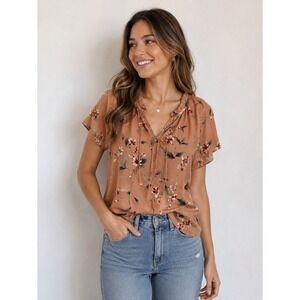 NLT Womens Small Brown Floral Blouse Ruffle Tie Neck Short Sleeve Boho Romantic